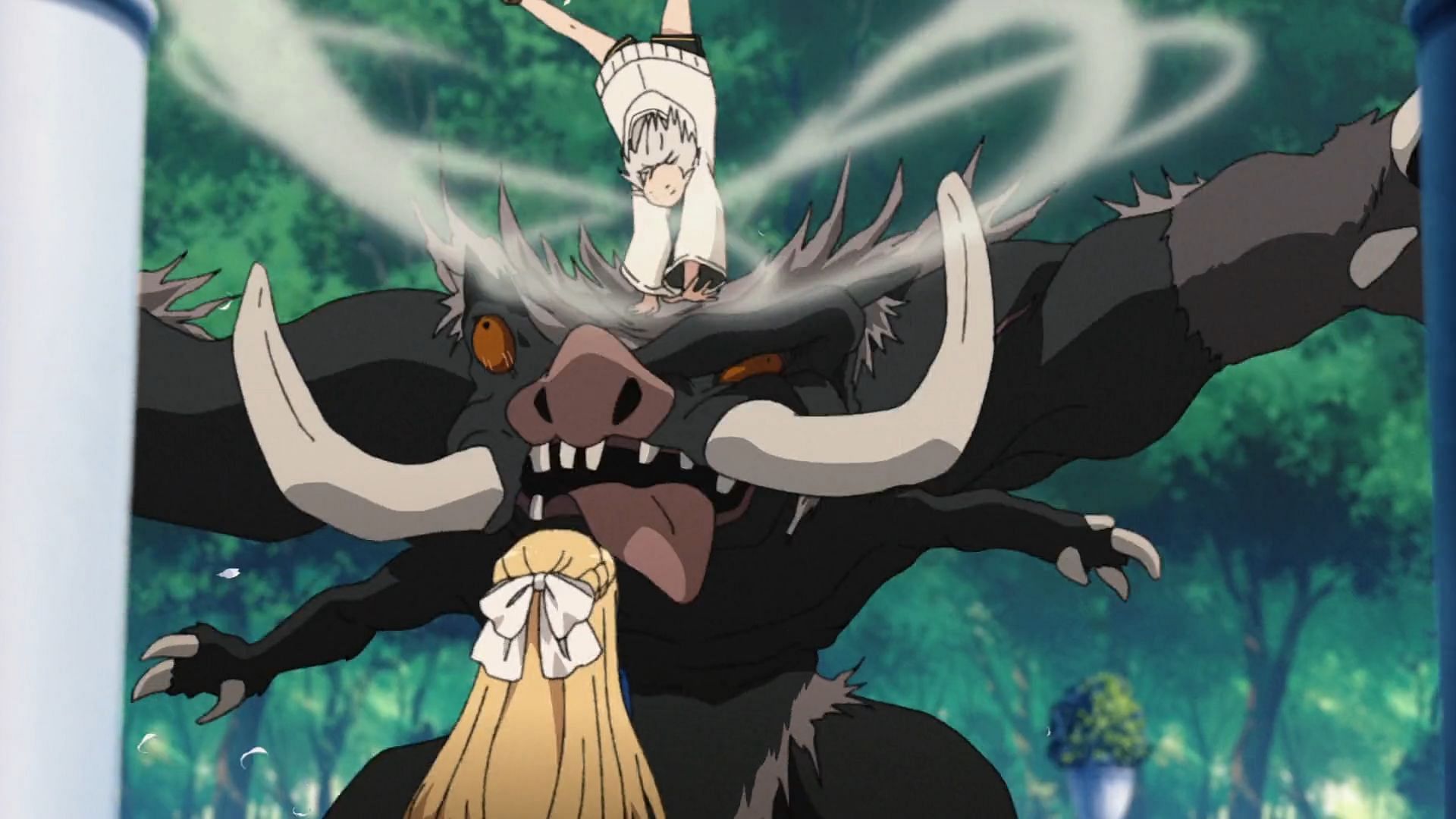 Sylphiette lands on the monstrous boar&#039;s head and eventually kills the beast, as seen in Mushoku Tensei: Jobless Reincarnation season 2 episode 0 (Image via Bind)