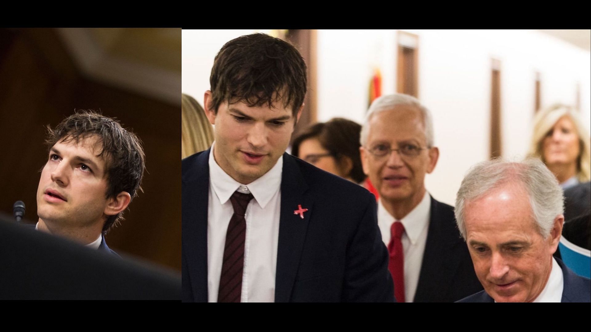 Ashton Kutcher talking to the Senate Foreign Relations Committee Chairman, Sen Bob Corker. (Images via Zach Gibson/Getty Images)