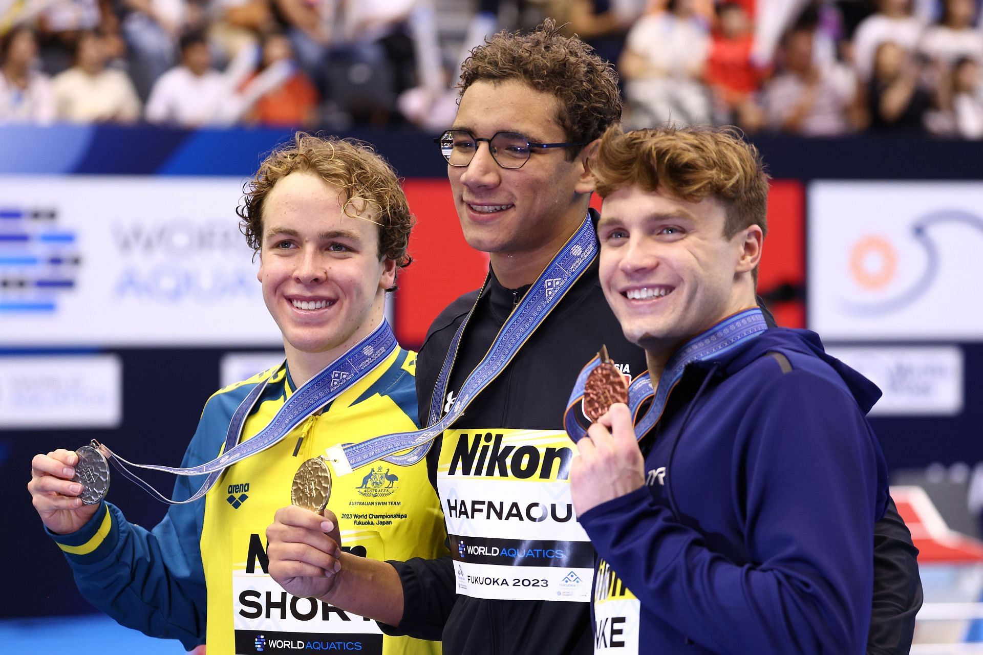 Ahmed Hafnaoui, Samuel Short and Robert Finke at Fukuoka 2023 World Aquatics Championships: Swimming - Day 4