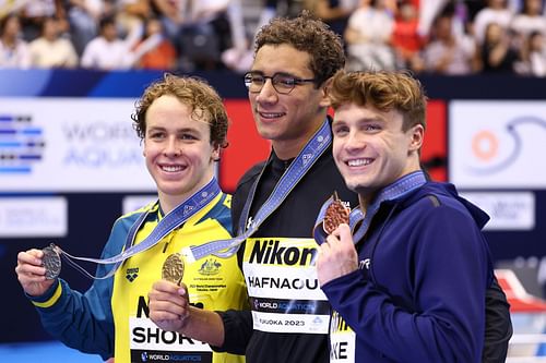 Ahmed Hafnaoui, Samuel Short and Robert Finke at Fukuoka 2023 World Aquatics Championships: Swimming - Day 4