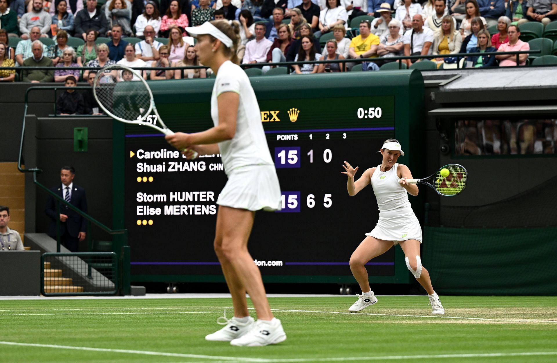 Storm Hunter and Elise Mertens at the 2023 Wimbledon Championships.