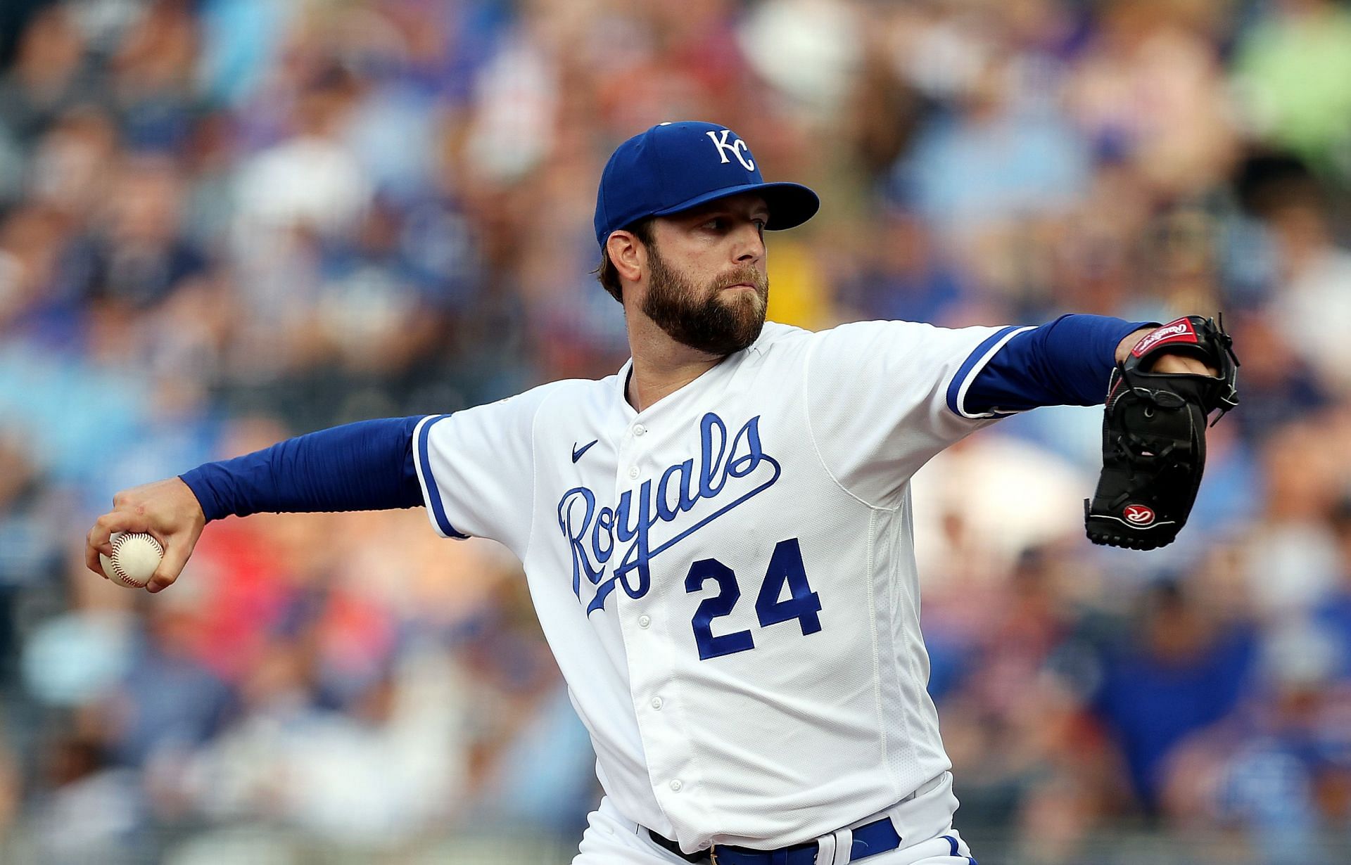 Starting pitcher Jordan Lyles of the Kansas City Royals pitches during the first inning against the Detroit Tigers at Kauffman Stadium on Monday in Kansas City, Missouri.