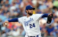 Starting pitcher Jordan Lyles of the Kansas City Royals pitches during the first inning against the Detroit Tigers at Kauffman Stadium on Monday in Kansas City, Missouri.