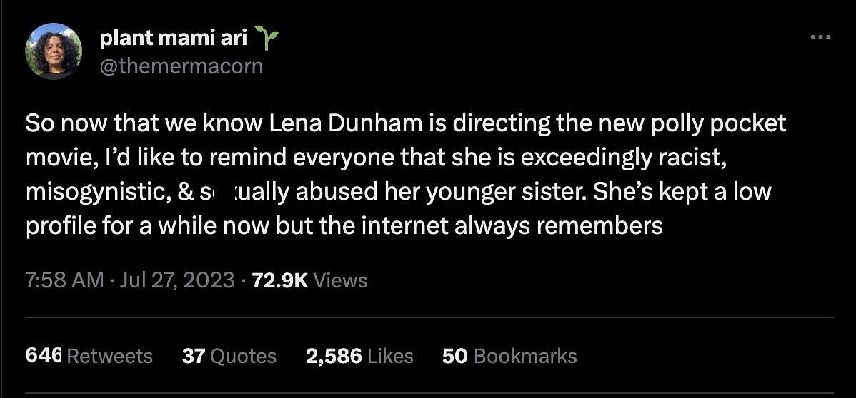 @themermacorn bashed Dunham for her past controversies after Mattel&#039;s announcement about Polly Pocket. (Image via Twitter)