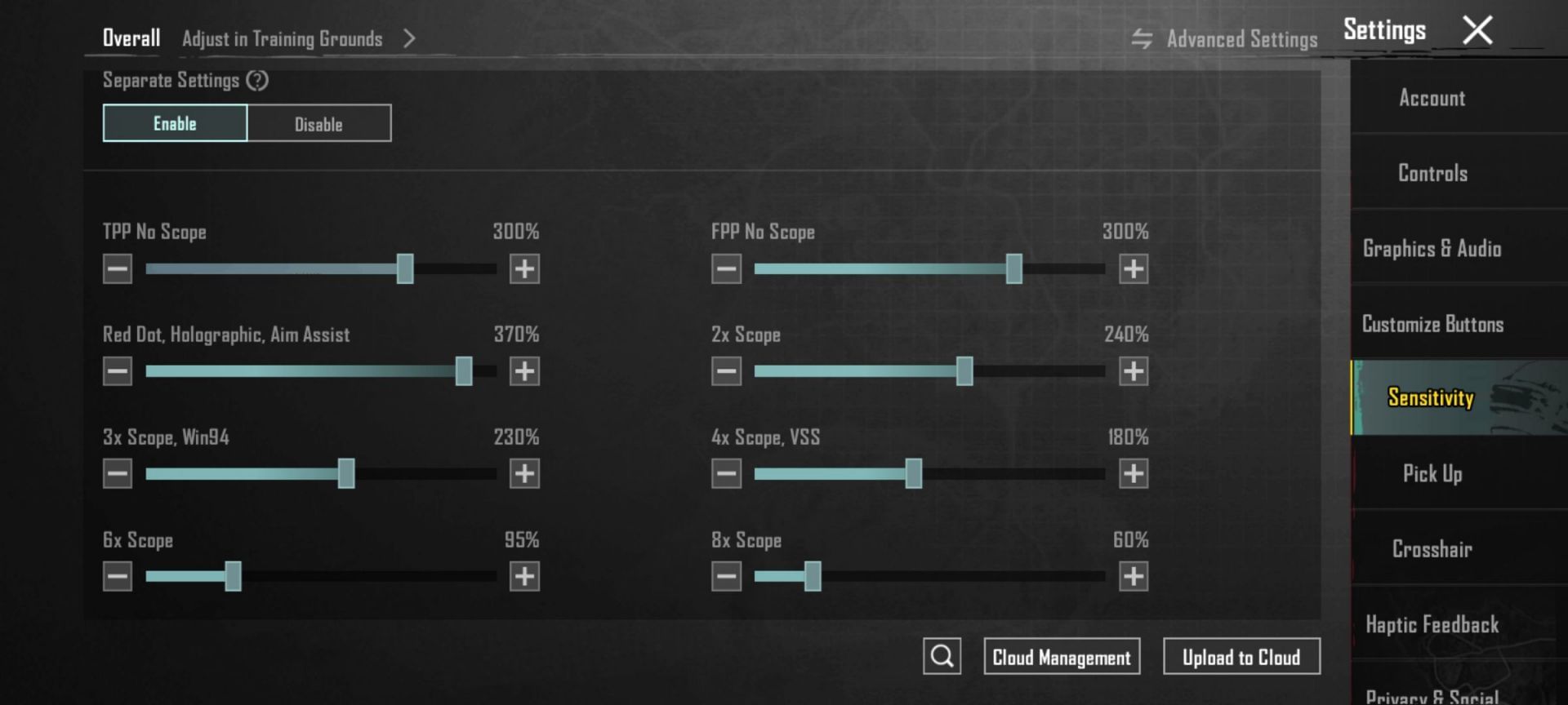 Gyroscope ADS sensitivity for 5-finger claw (Image via Krafton)