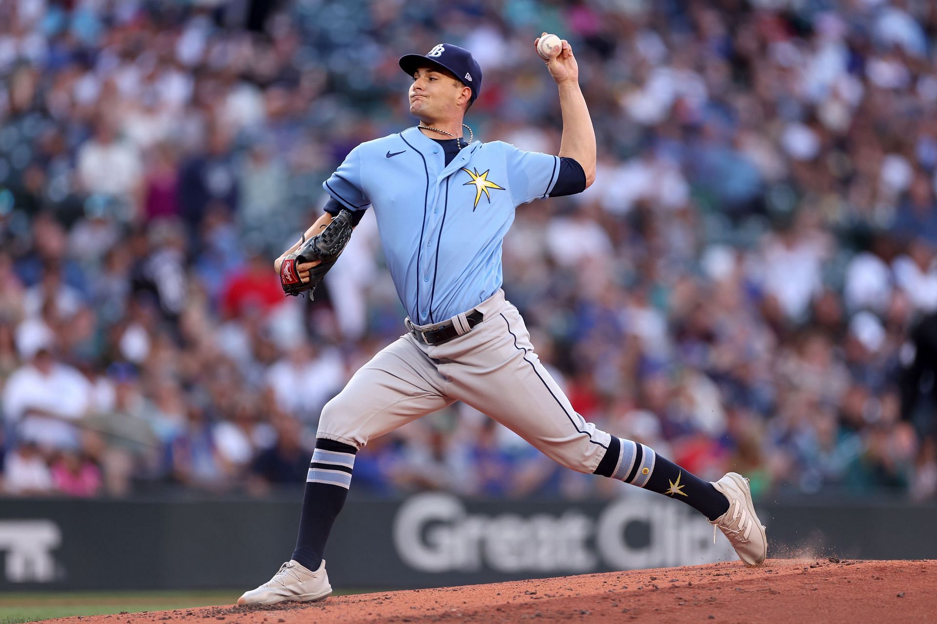 Shane McClanahan of the Tampa Bay Rays pitches against the Seattle Mariners at T-Mobile Park
