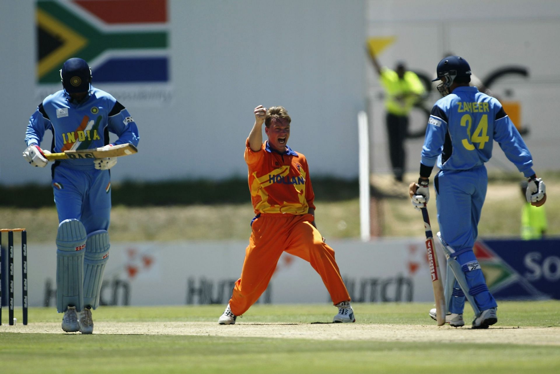 Tim de Leede of Holland celebrates after bowling out Zaheer Khan of India