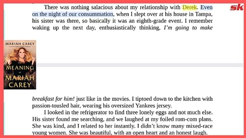 An excerpt from Mariah Carey's memoir, The Meaning of Mariah Carey mentioning Derek Jeter.