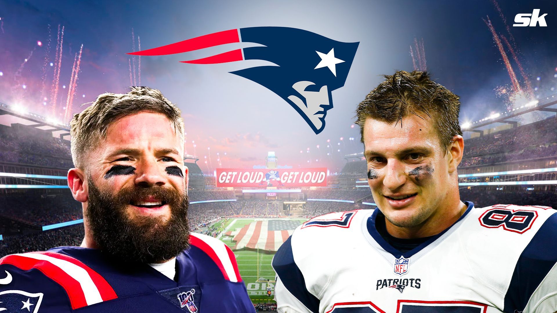 Julian Edelman, left, Rob Gronkowski, right