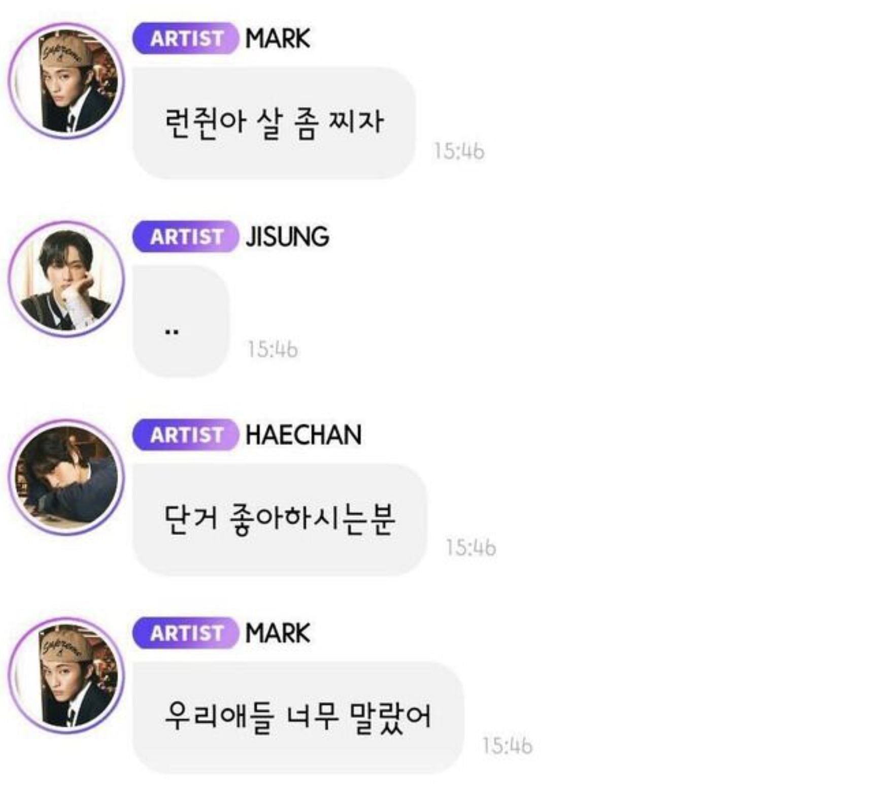 NCT&#039;s Mark, Haechan, and Jisung&#039;s conversation in Bubble (Image via Twitter)