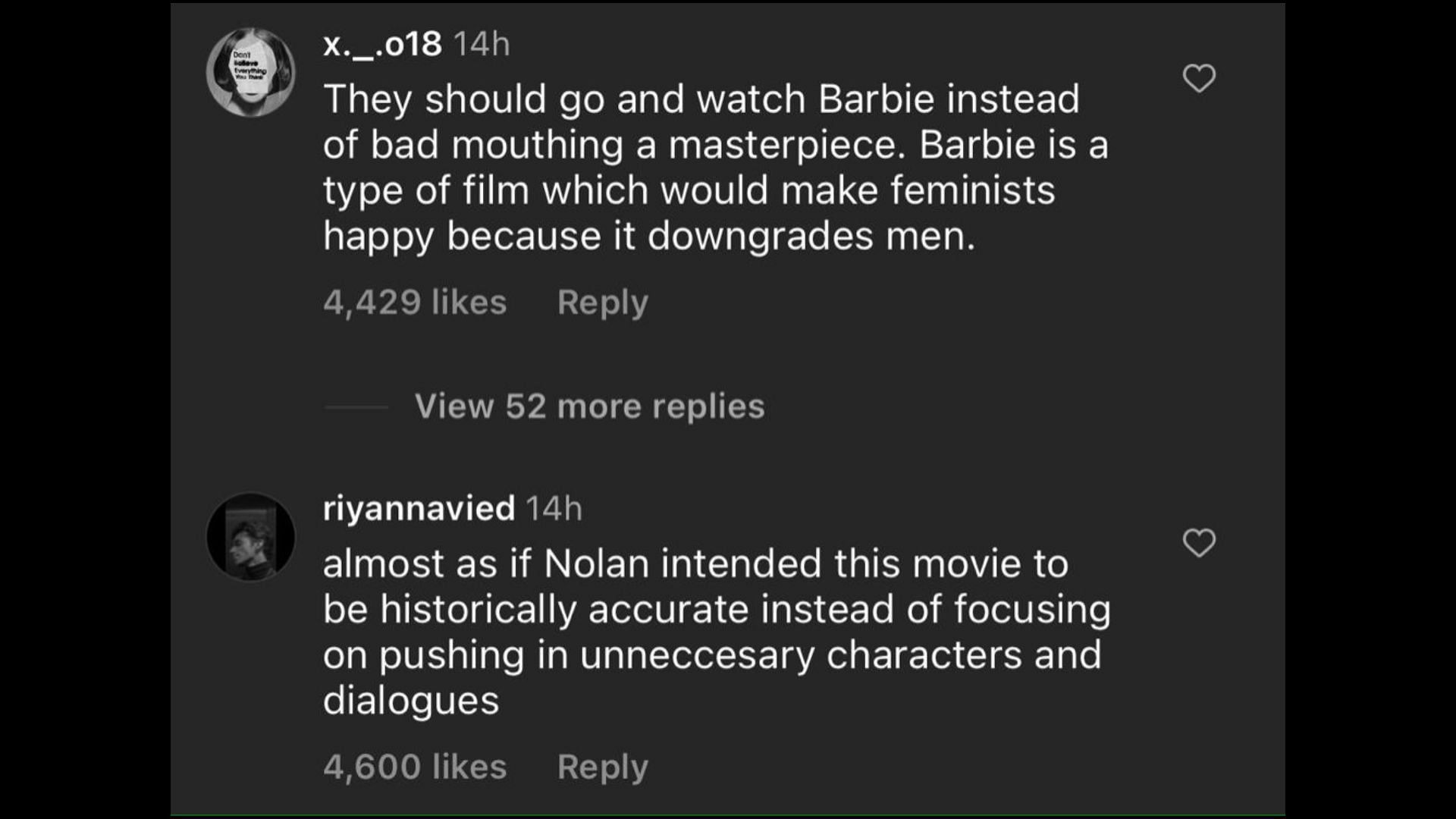 Screenshot of Internet users remarking on Roth&#039;s remarks on Christopher Nolan&#039;s new film. (Photo via @pubitylatest/Instagram)