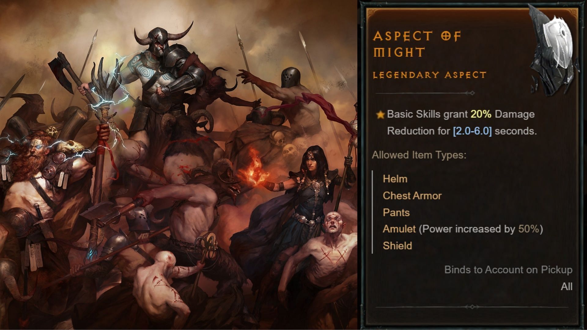 All Diablo 4 classes engaged in battle on the left and Aspect of Might description on the right.