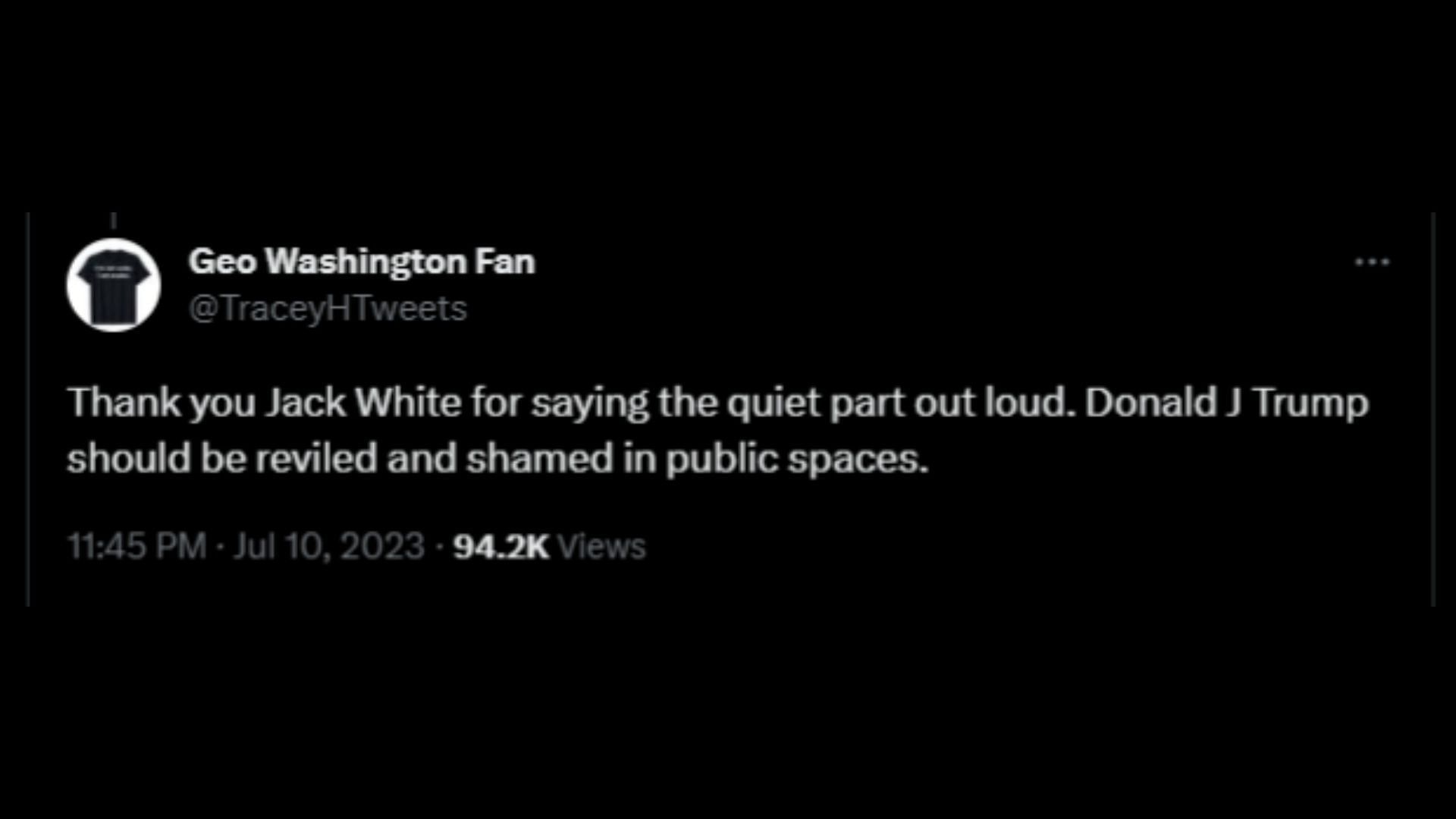 Screenshot of a Twitter user remarking on White&#039;s post bashing Donald Trump and other celebrities spotted with him at the UFC 290. (Photo via @OccupyDemocrats/Twitter)