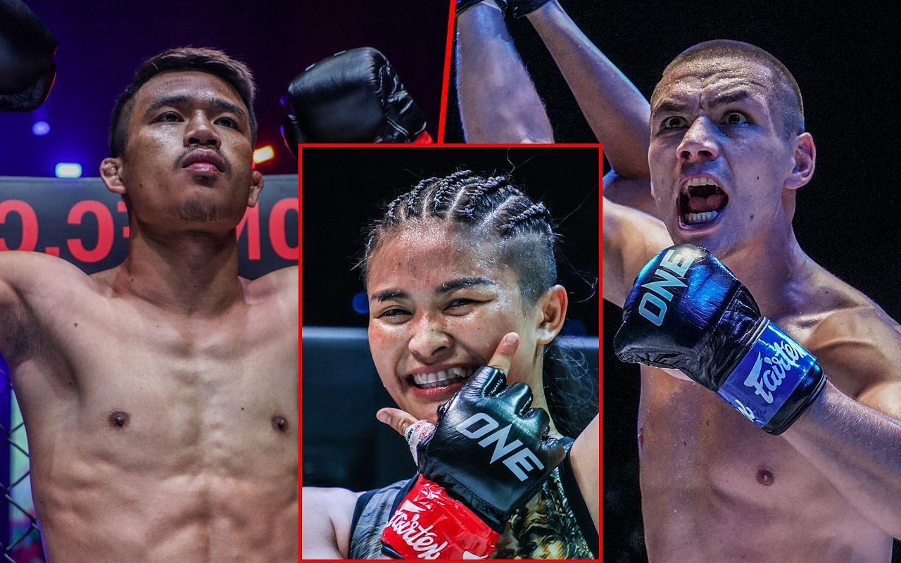 Superlek Kiatmoo9 (left), Stamp Fairtex (inset), and Tagir Khalilov (right).