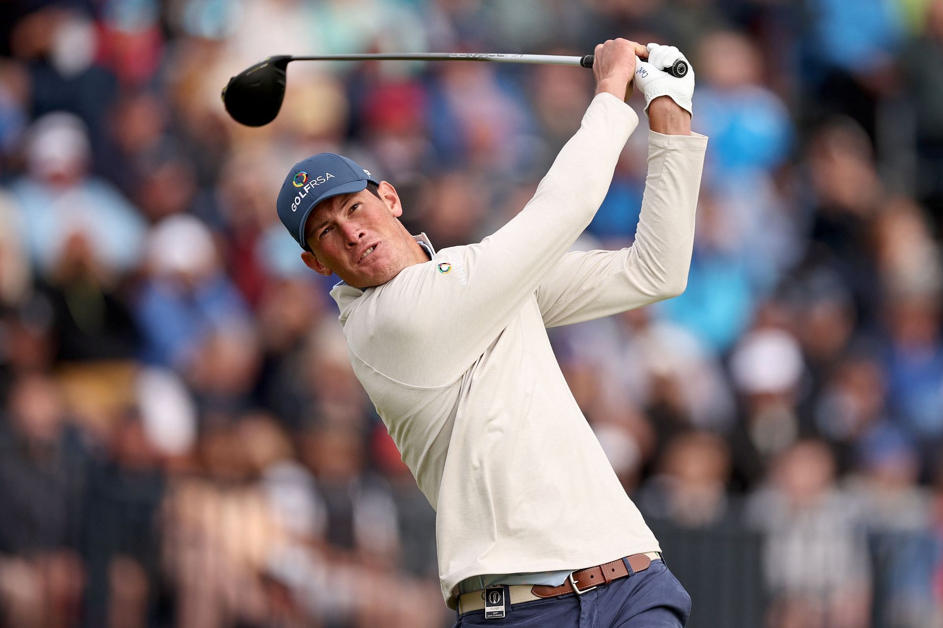 Christo Lamprecht tees off on the 4th hole on Day One of The 151st Open at Royal Liverpool Golf Club