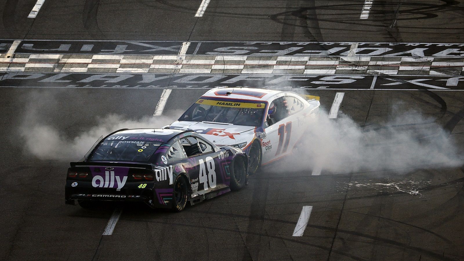 Alex Bowman (#48) and Denny Hamlin (#11) during the 2021 NASCAR Cup Series race at Martinsville Speedway. Picture Courtesy: sportscasting.com
