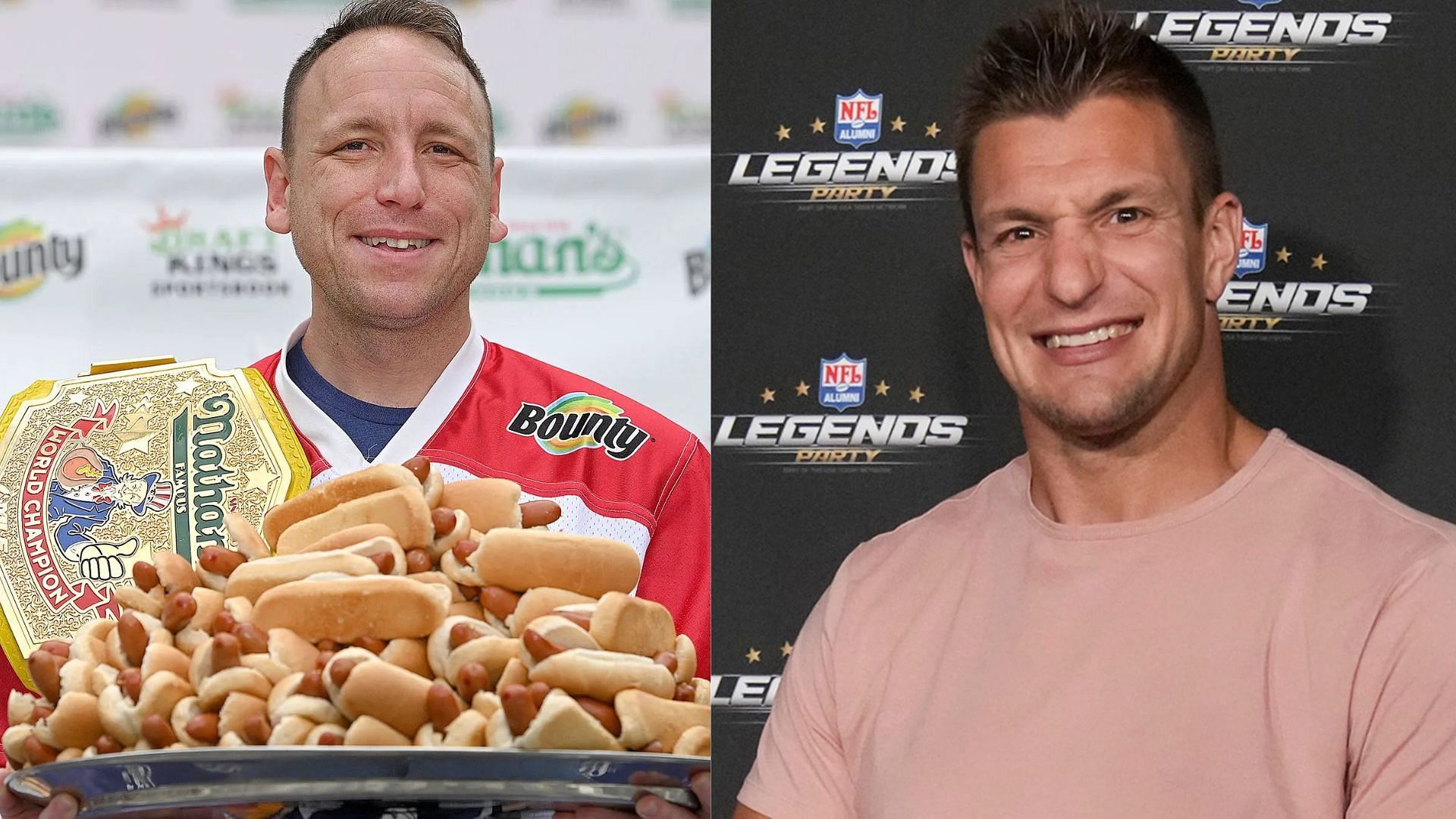 Hot dog champion Joey Chestnut (L) on facing NFL great Rob Gronkowski (R) and his family