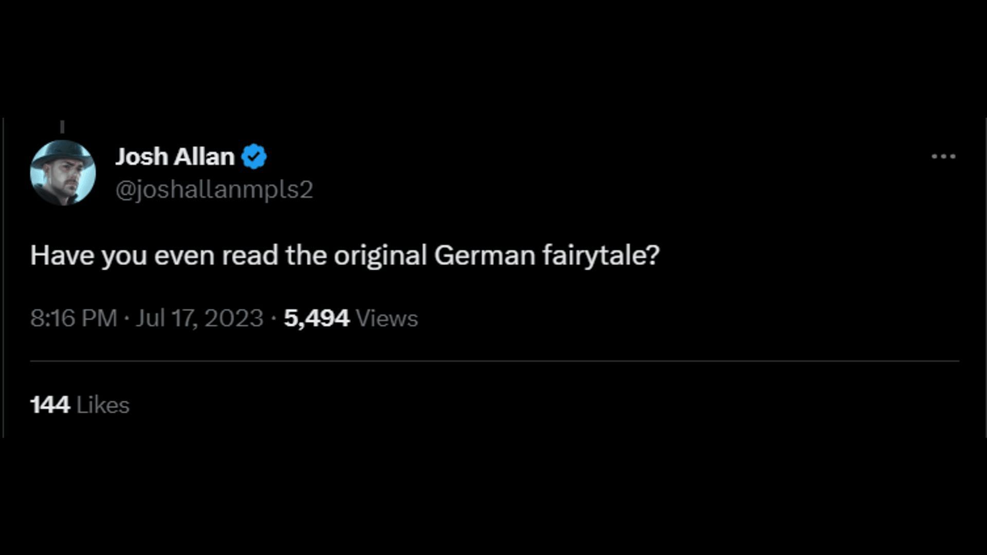 A netizen asking Zegler to read the original version of the fairy tale. (Image via Twitter/Josh Allan)