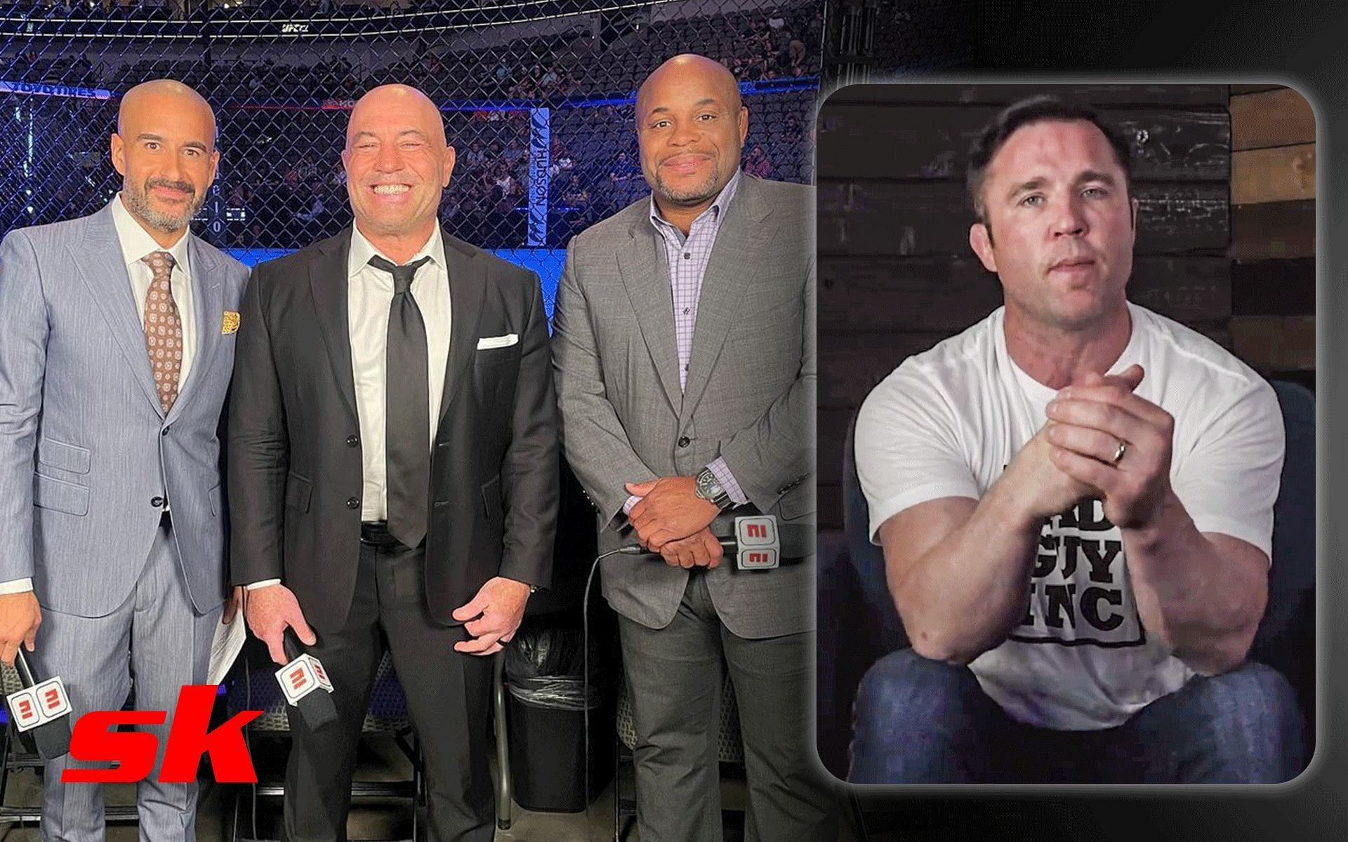 Jon Anik, Joe Rogan and Daniel Cormier (left) and Chael Sonnen (right) [Image credits: @jon_anik and @sonnench on Instagram]