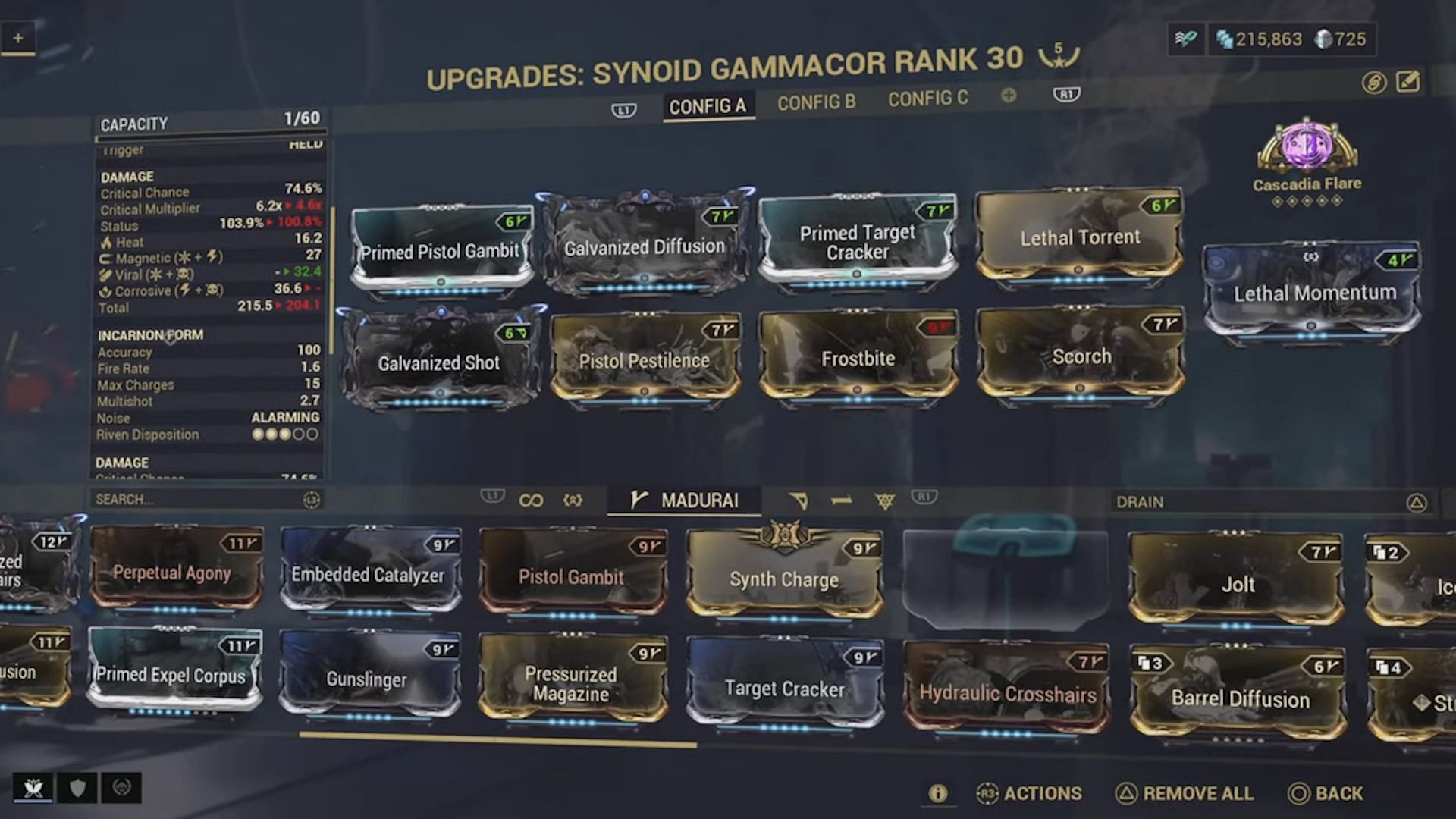 A standard build on Synoid Gammacor with critical Incarnon perks can benefit from the Cascadia Flare arcane (Image via Digital Extremes)