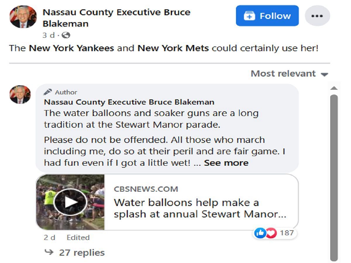 Comment of Nassau County Executive Bruce Blakeman under his post (Image via Facebook)