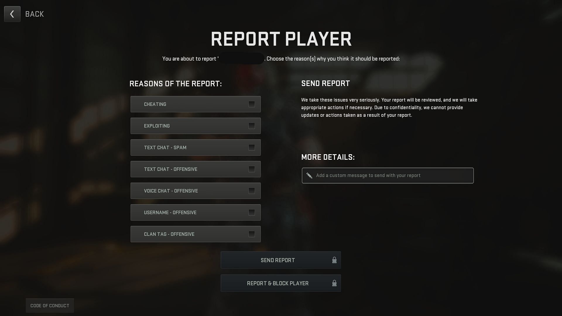 Warzone 2 report menu (Image via Activision)