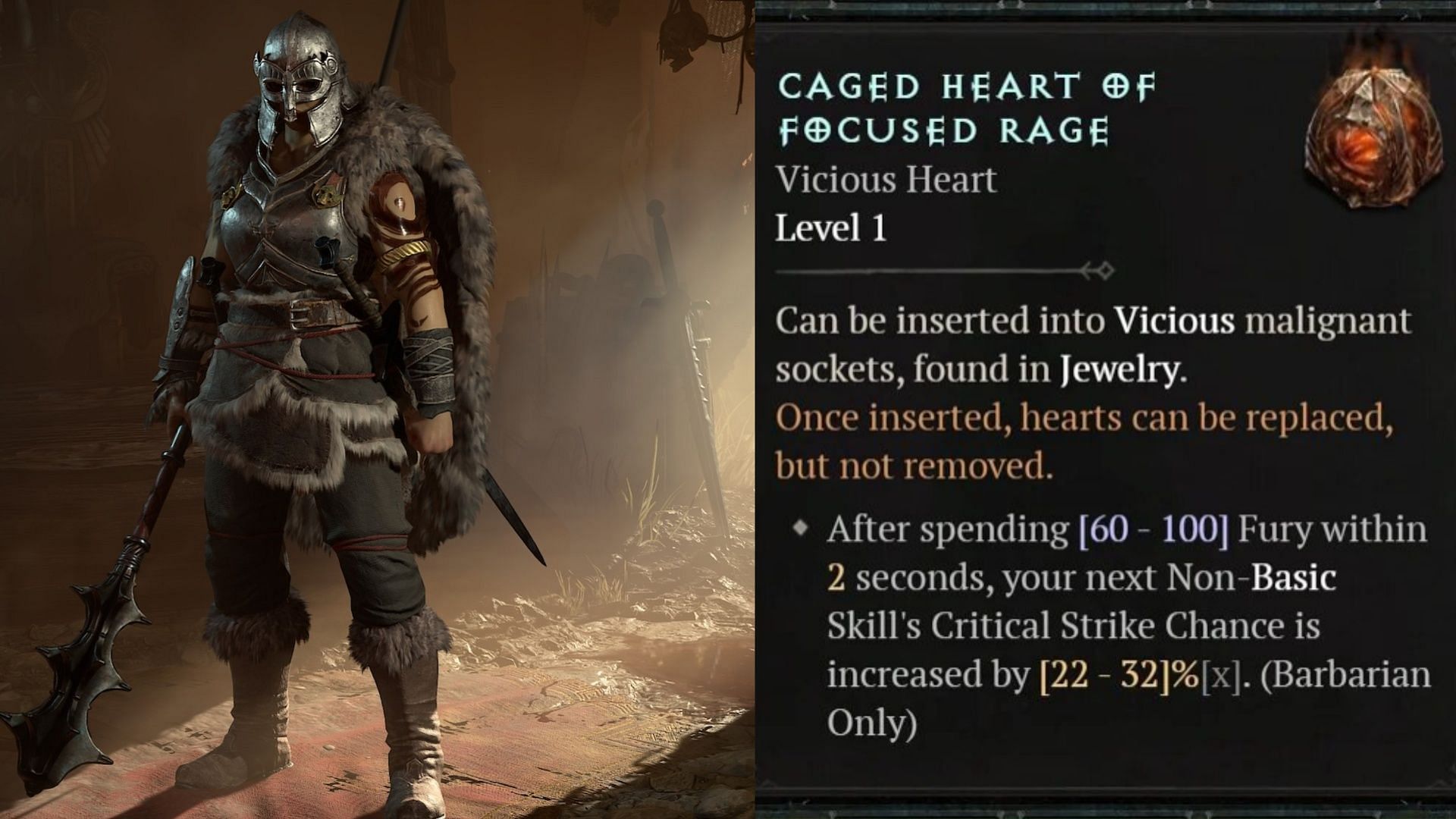 This heart can be used only by the Barbarian class (Image via Diablo 4)