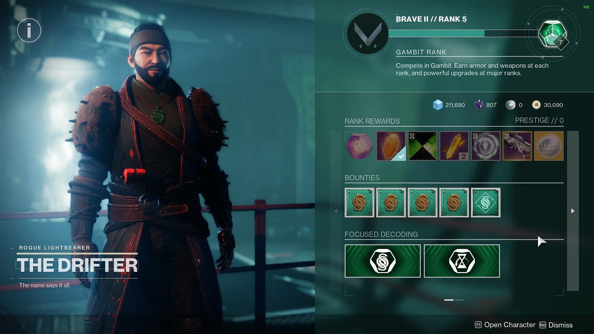 Destiny 2 Gambit vendor, Drifter, along with his stock of bounties 