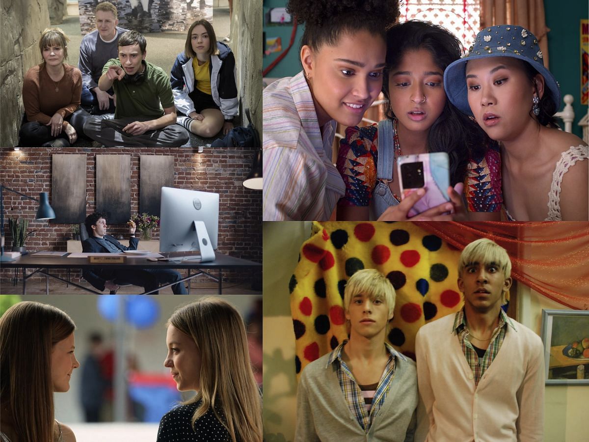 Collage of scenes from Everything Sucks, Skins UK, Never Have I Ever, How to Sell Drugs Online (fast) and Atypical. (images via IMDB)