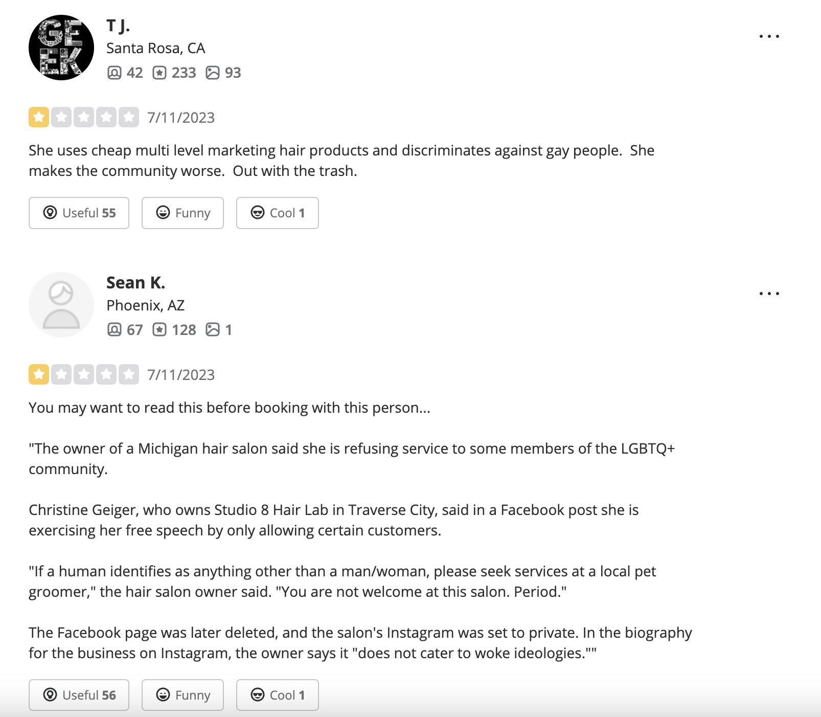 Social media users bash the Studio 8 Hair Lab for barring Trans people from entering their salon: Reactions and reviews explored. (Image via Yelp)