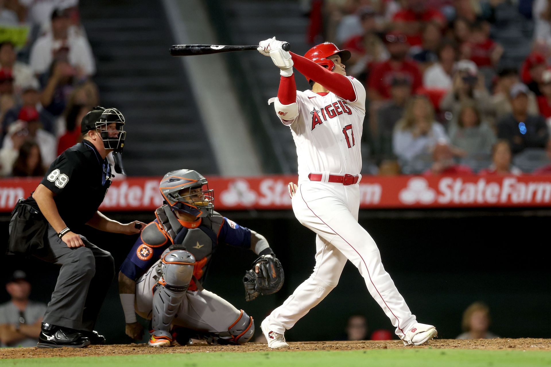 Shohei Ohtani of the Los Angeles Angels connects for a home run at Angel Stadium of Anaheim