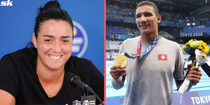 Ons Jabeur celebrates Ahmed Hafnaoui after swimmer wins Tunisia's first gold medal at World Aquatics Championships 2023