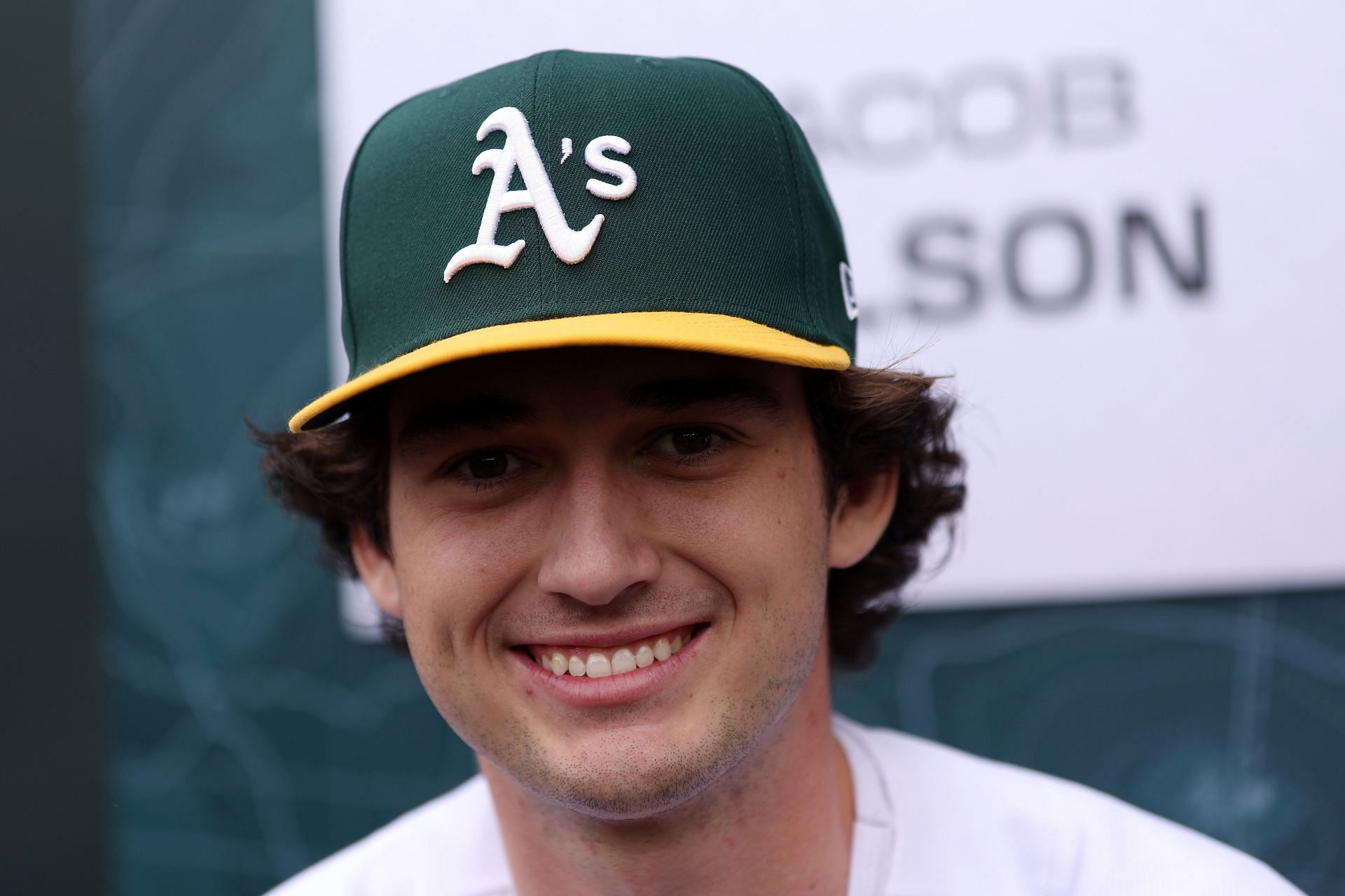 2023 6th overall draft pick Jacob Wilson of the Oakland Athletics speaks to the media during Gatorade All-Star Workout Day at T-Mobile Park on July 10, 2023 in Seattle, Washington.