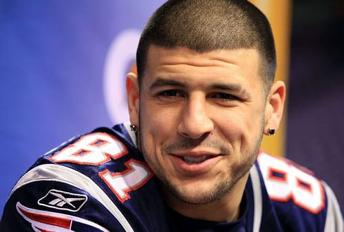 Aaron Hernandez during Super Bowl XLVI - Media Day