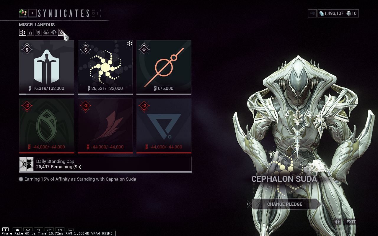 The location of the cursor indicates the Misecallenous Syndicates tab in Warframe (Image via Digital Extremes)