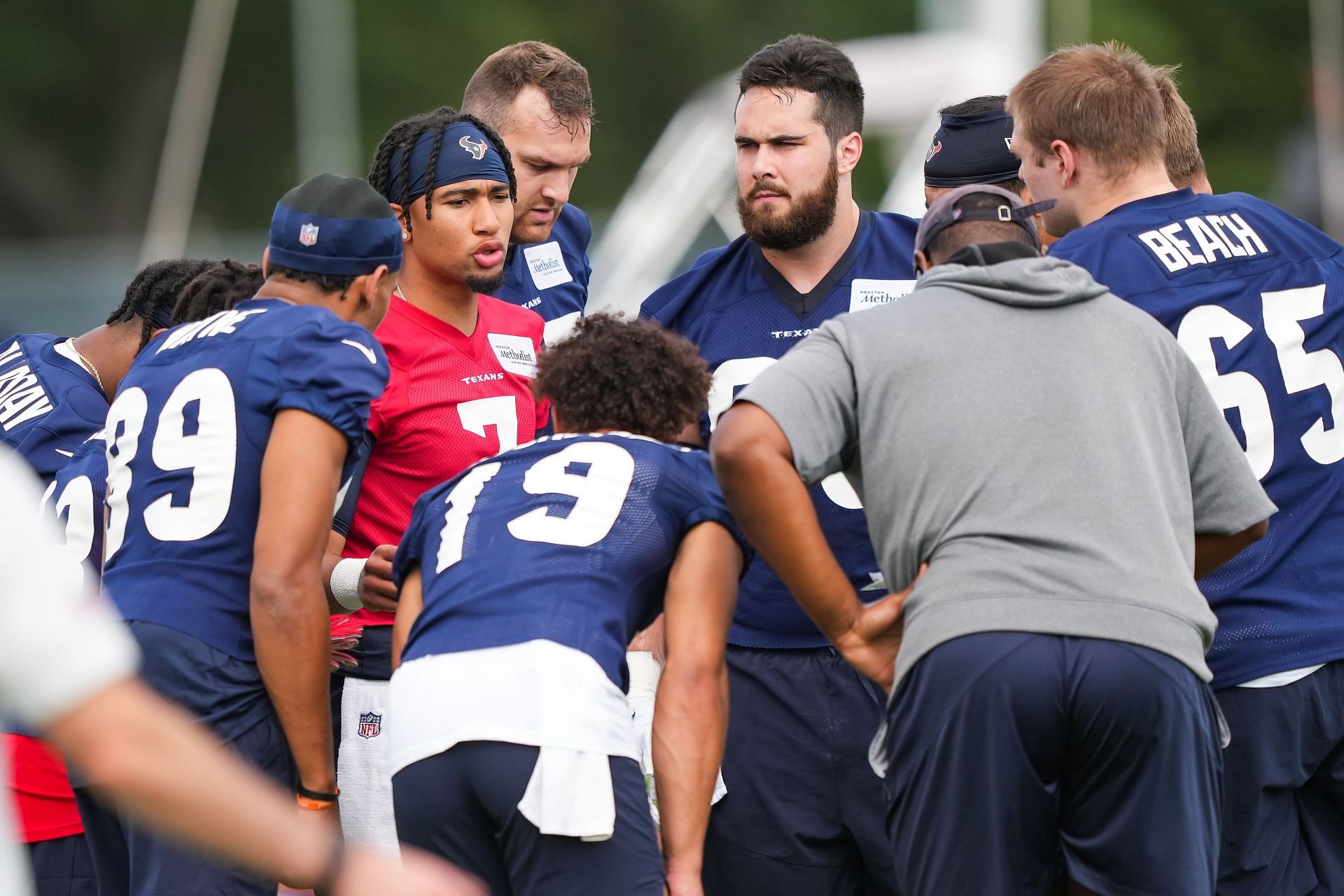 Quarterback C.J. Stroud, #7 of the Houston Texans, leads a team huddle during the first day of Houston Texans Rookie Minicamp at NRG Stadium on May 12, 2023, in Houston, Texas.