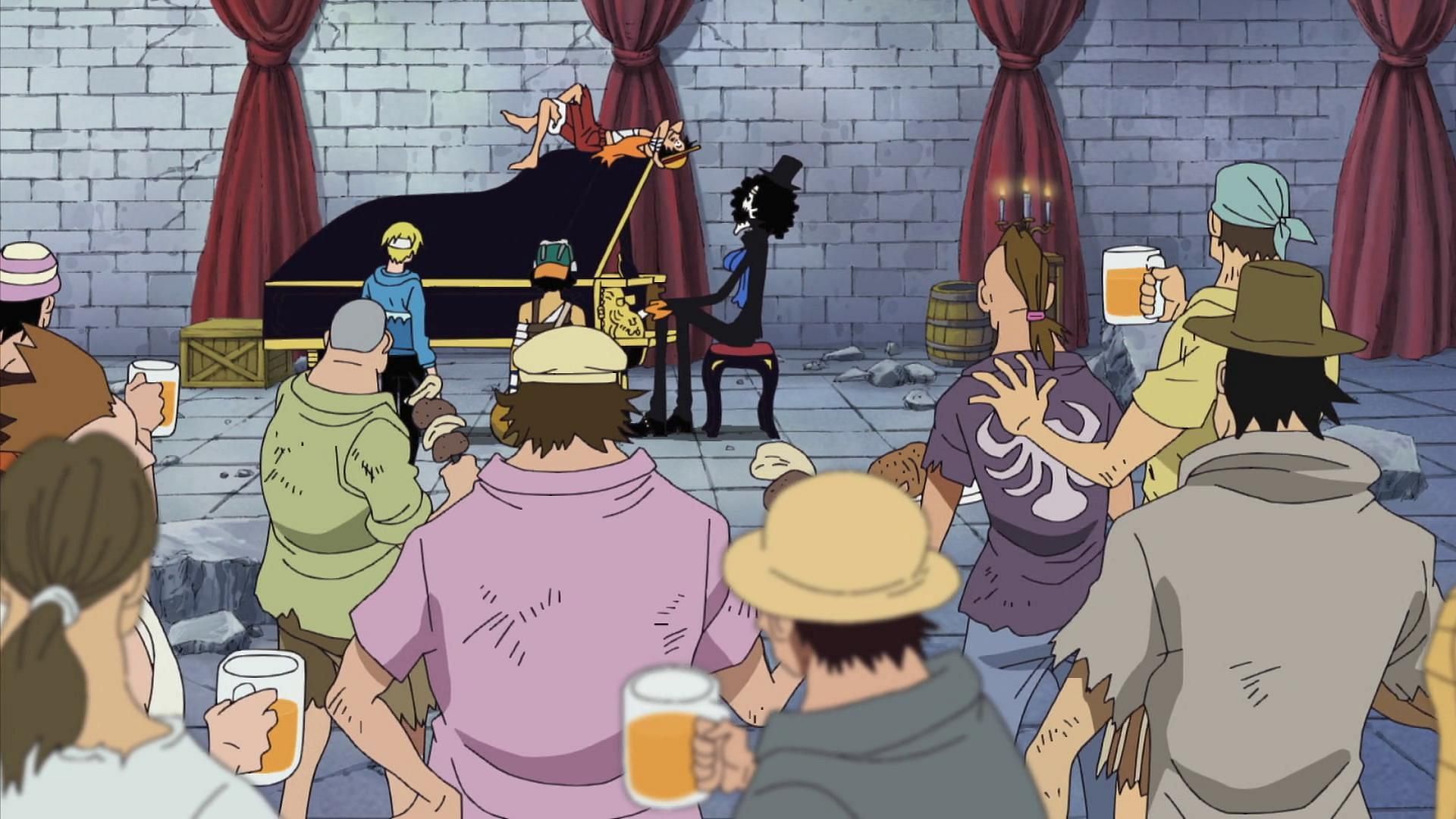 Brook playing Binks no Sake at the end of the Thriller Bark Arc (Image via Toei Animation, One Piece)