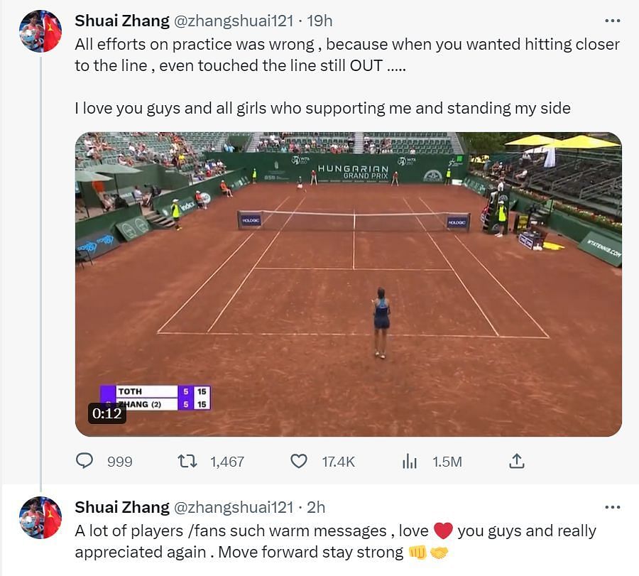 Screenshot from Zhang Shuai&#039;s Twitter account