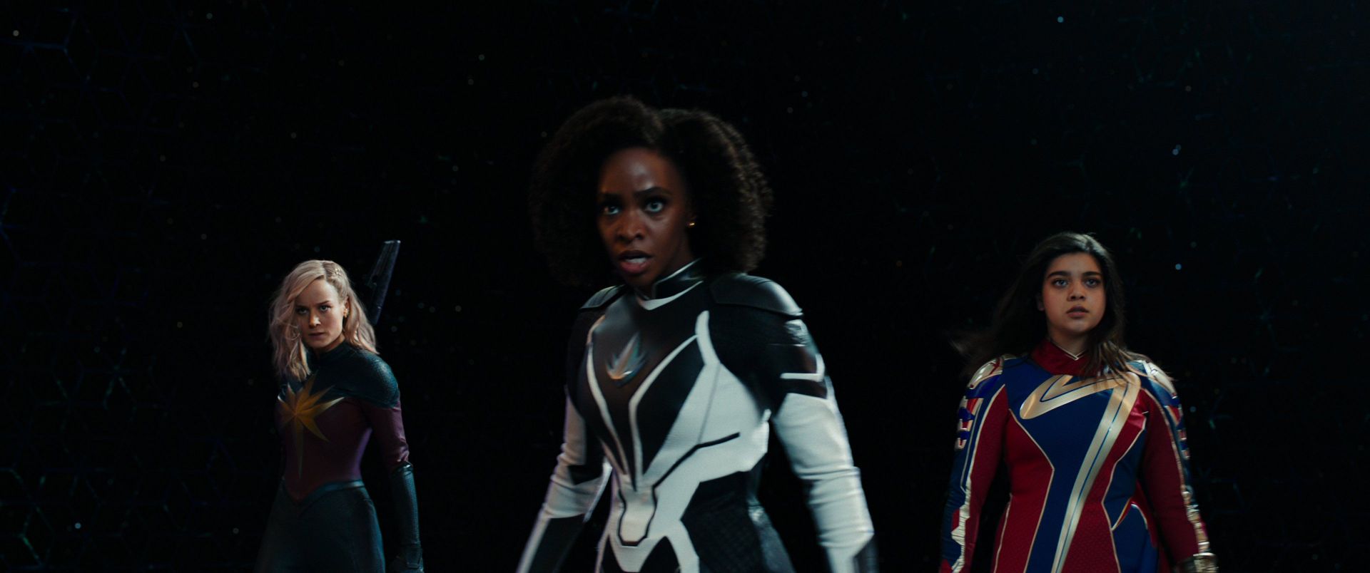 Brie Larson, Teyonah Parris, and Iman Vellani in The Marvels (Image via Marvel Studios)