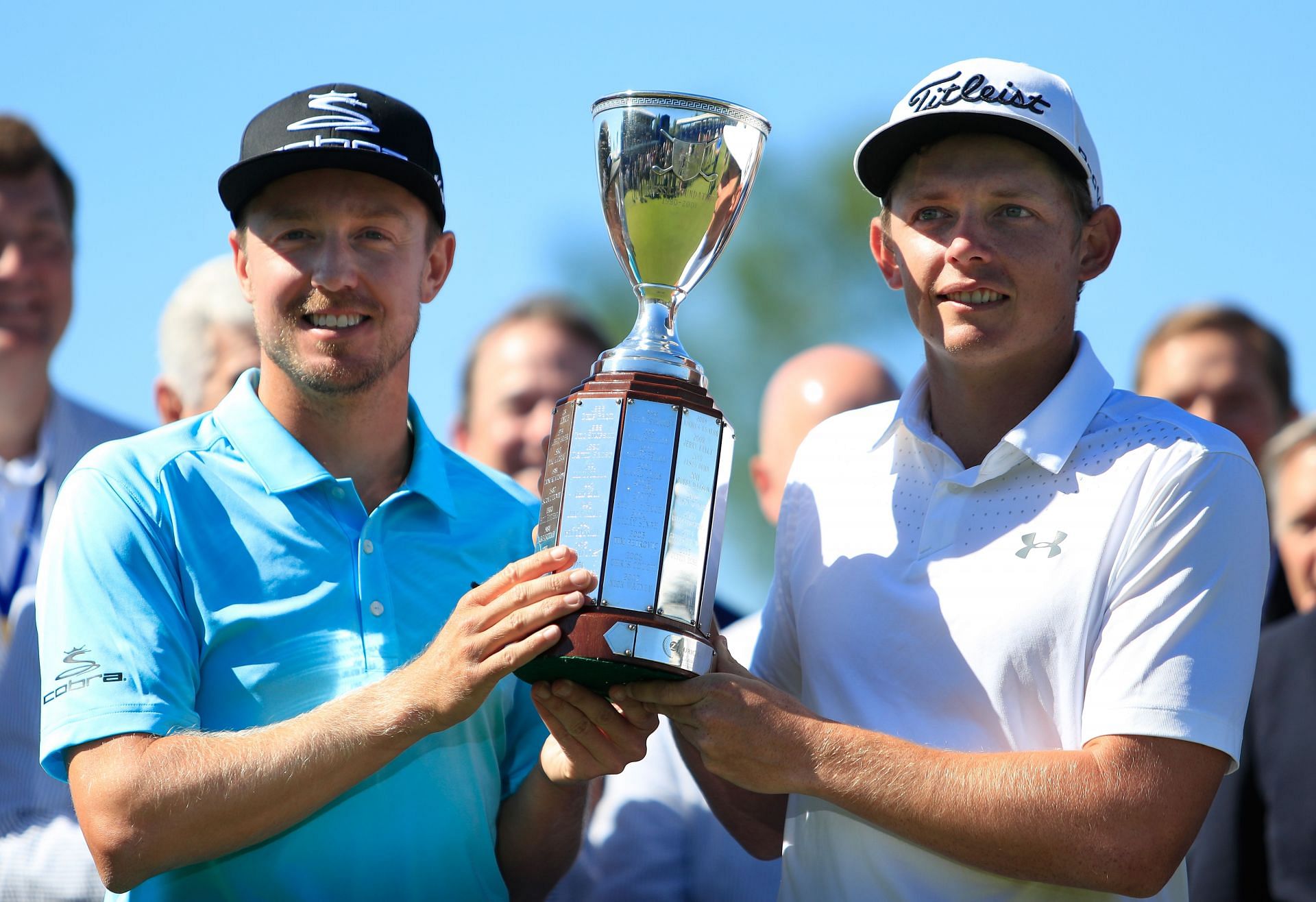 Jonas Blixt and Cameron Green with the Zurich Classic Trophy in 2017 (via Getty Images)