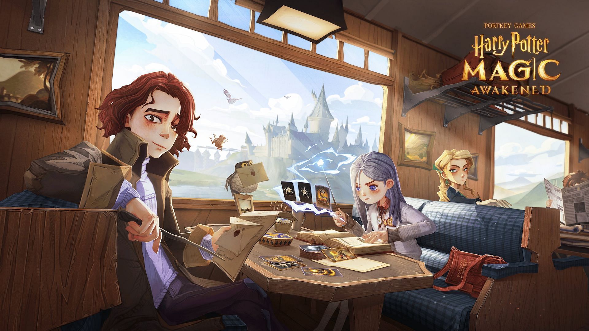 Three characters sitting in a diner with Hogwarts in the background. 