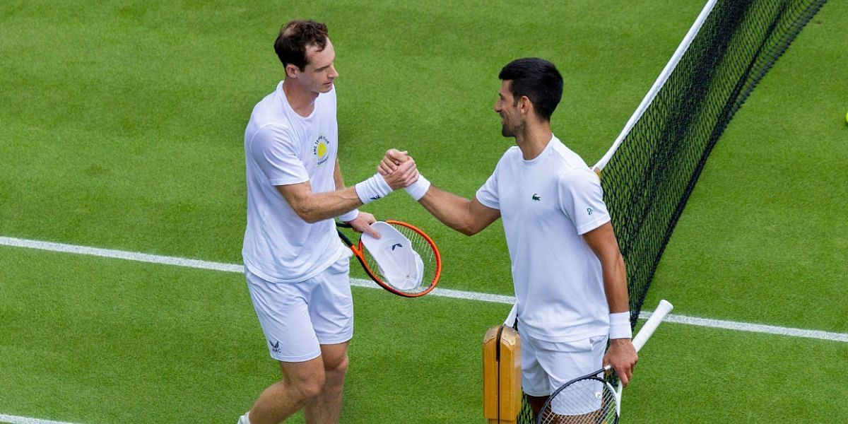 Andy Murray and Novak Djokovic greeting after having a practice session on the grass-courts of Wimbledon