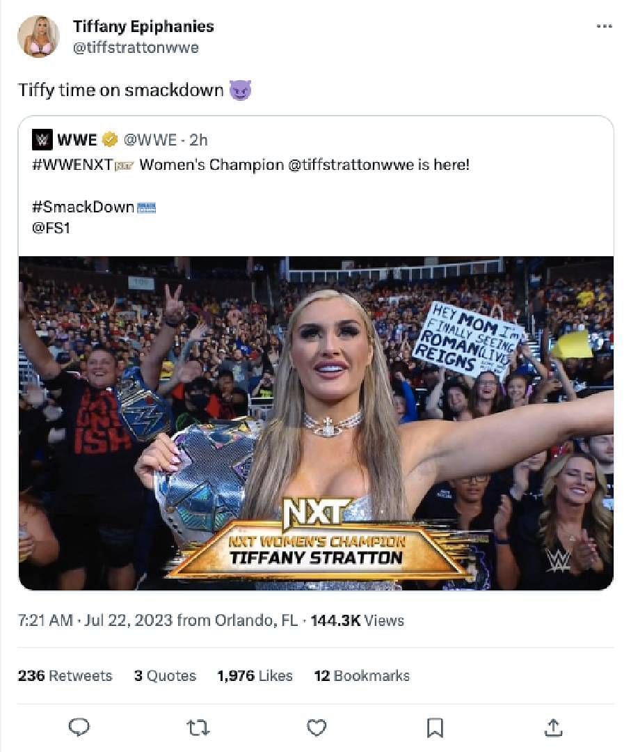 Screengrab of Tiffany Stratton&#039;s first SmackDown appearance