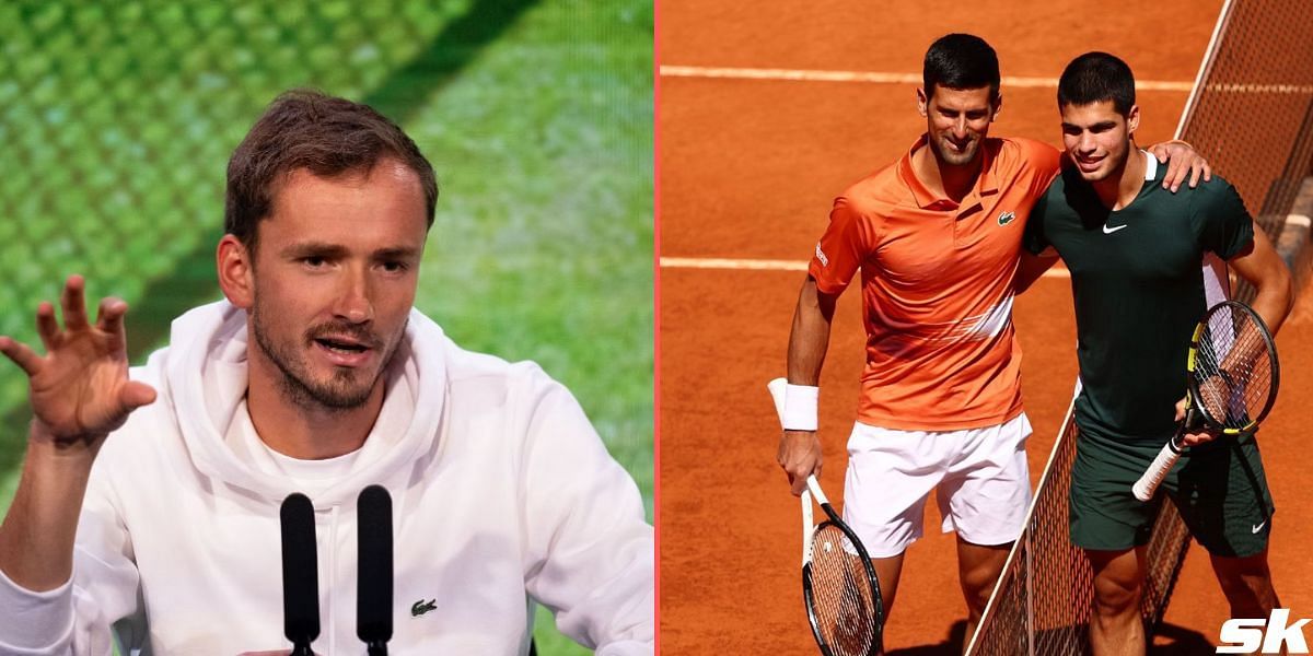 Daniil Medvedev (left) predicts a tough Wimbledon final between Alcaraz and Djokovic.