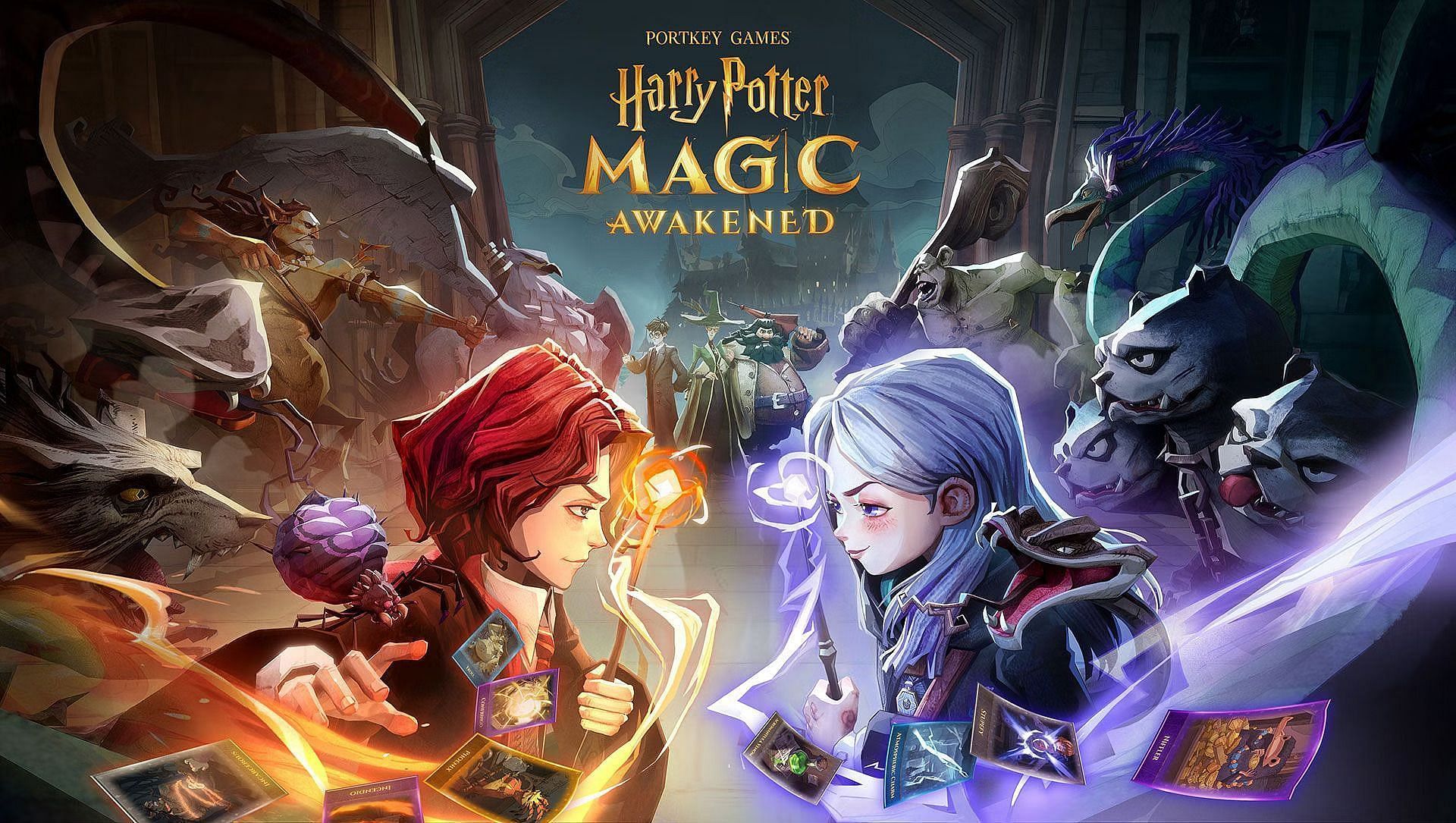 Two in game characters posing against each other with Hagrid and Harry Potter in the background. 