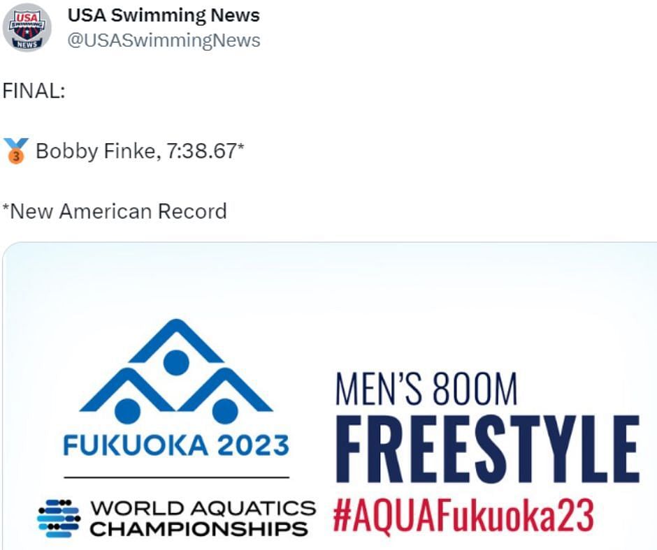 USA Swimming News announcing Robert Finke&#039;s achievement (Image via Twitter/USA Swimming News)