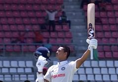 [Watch] Yashasvi Jaiswal jumps in celebration of 100 on debut in 1st Test vs West Indies