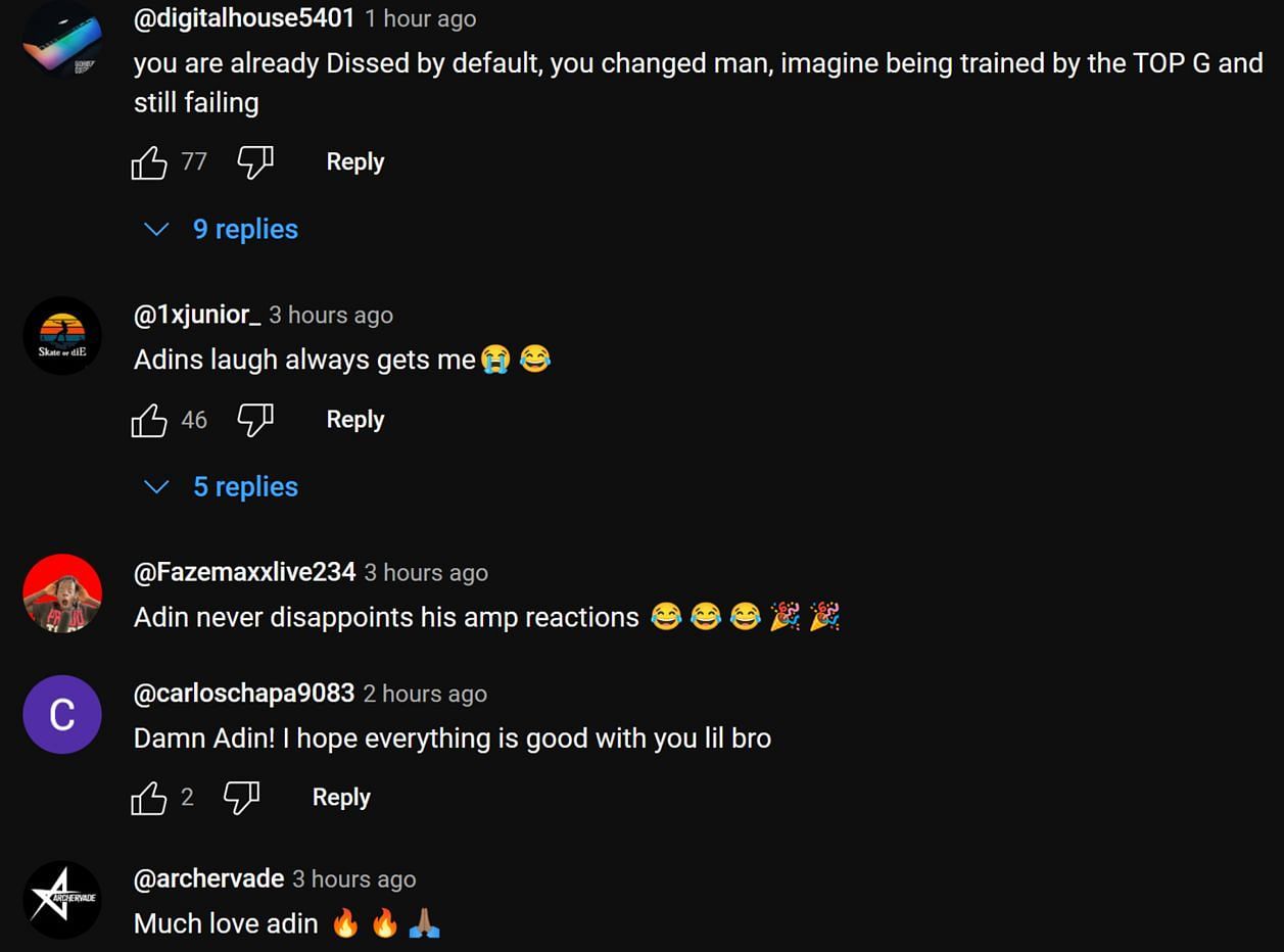 YouTube community sharing their thoughts on the streamers&#039; clip (Image via Adin Live/YouTube)