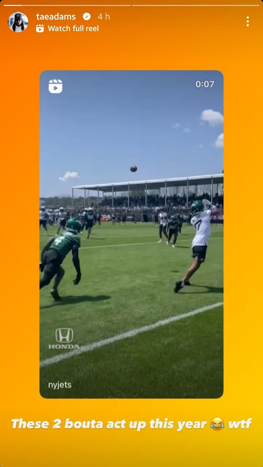 Aaron Rodgers throws a touchdown pass to Garrett Wilson in one of their practices. (Image credit: Davante Adams&rsquo; Instagram story)