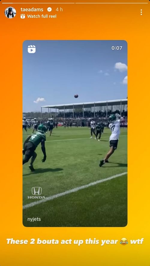 Aaron Rodgers throws a touchdown pass to Garrett Wilson in one of their practices. (Image credit: Davante Adams’ Instagram story)